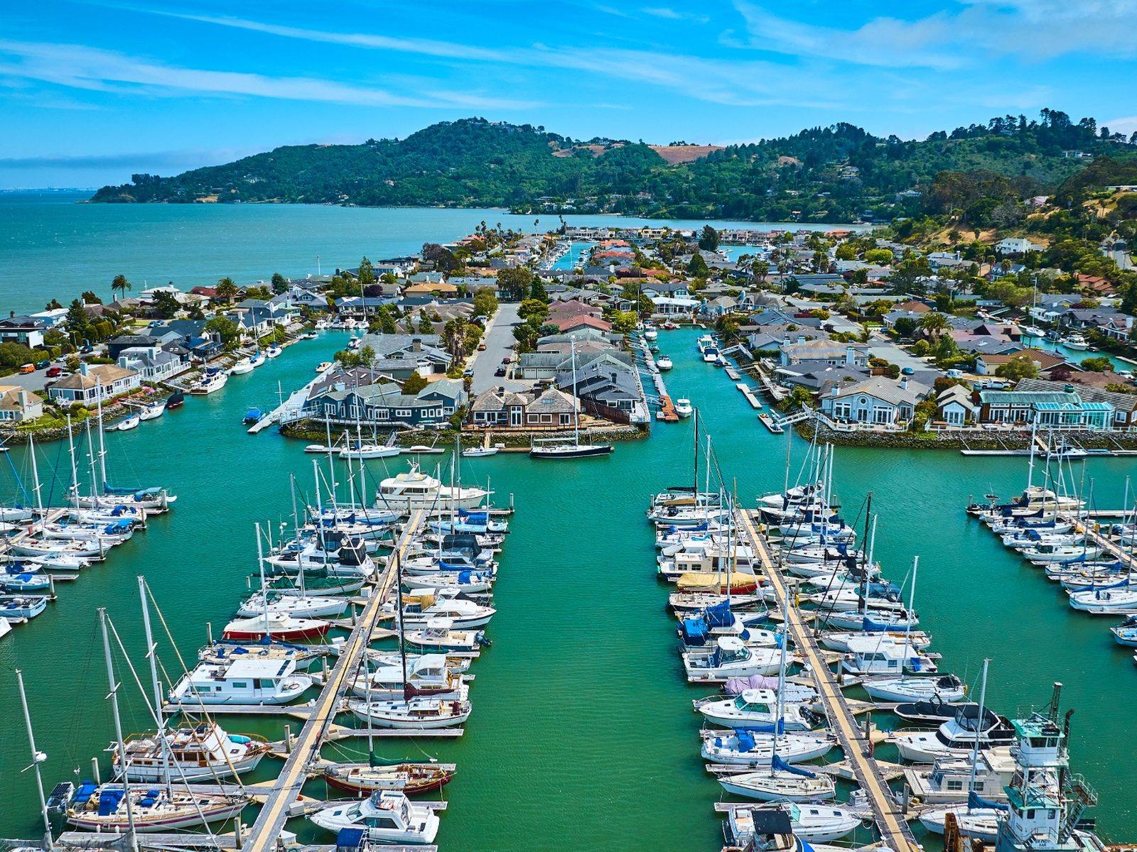 Aerial view of the Tiburon marina, lagoon and the hillside neighborhoods behind it