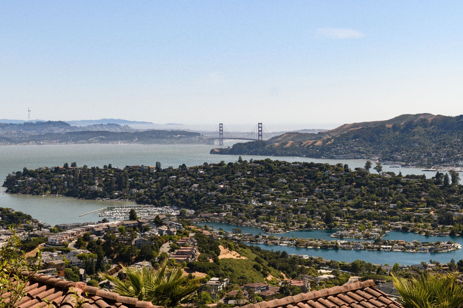 The Tiburon peninsula from above, looking across the bay toward the Golden Gate Bridge